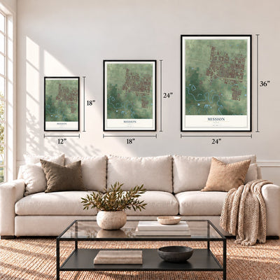 Mission, Texas map in 12 x 18, 18 x 24 and 24 x 36 inch sizes above a sofa