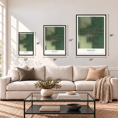 Lebanon, South Dakota map in 12 x 18, 18 x 24 and 24 x 36 inch sizes above a sofa