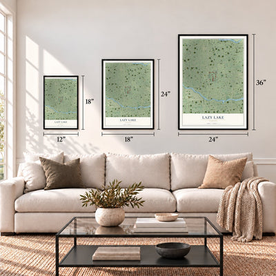 Lazy Lake, Florida map in 12 x 18, 18 x 24 and 24 x 36 inch sizes above a sofa