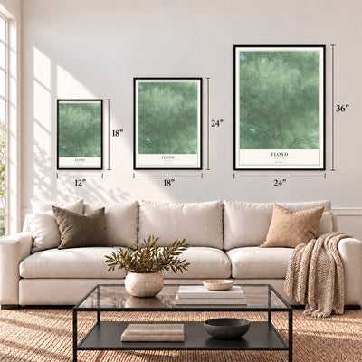 Floyd, New York map in 12 x 18, 18 x 24 and 24 x 36 inch sizes above a sofa
