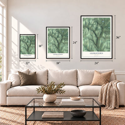 Georgetown, New York map in 12 x 18, 18 x 24 and 24 x 36 inch sizes above a sofa