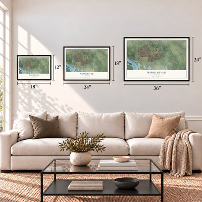 Wood River, Illinois map in 12 x 18, 18 x 24 and 24 x 36 inch sizes above a sofa