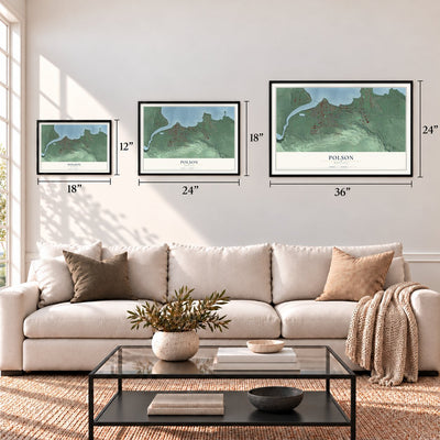 Polson, Montana map in 12 x 18, 18 x 24 and 24 x 36 inch sizes above a sofa
