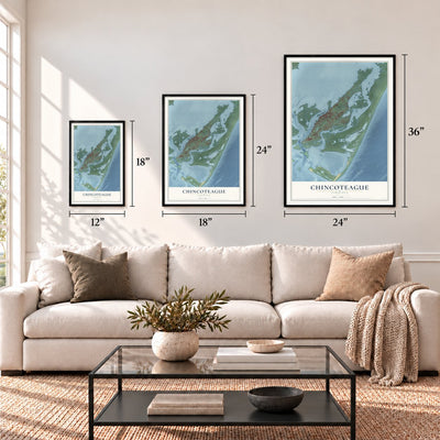 Chincoteague, Virginia map in 12 x 18, 18 x 24 and 24 x 36 inch sizes above a sofa