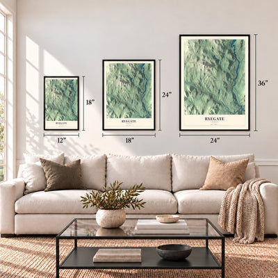 Ryegate, Vermont map in 12 x 18, 18 x 24 and 24 x 36 inch sizes above a sofa