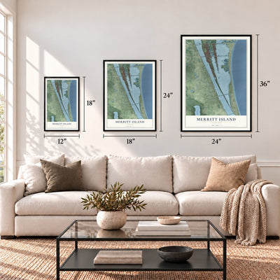 Merritt Island, Florida map in 12 x 18, 18 x 24 and 24 x 36 inch sizes above a sofa