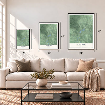 Elm River, Michigan map in 12 x 18, 18 x 24 and 24 x 36 inch sizes above a sofa