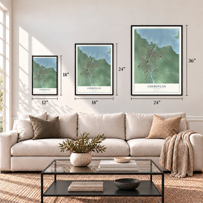 Cheboygan, Michigan map in 12 x 18, 18 x 24 and 24 x 36 inch sizes above a sofa