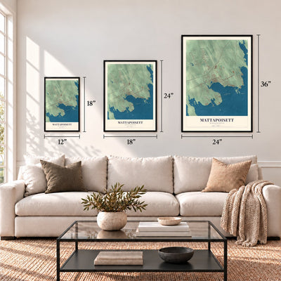 Mattapoisett, Massachusetts map in 12 x 18, 18 x 24 and 24 x 36 inch sizes above a sofa