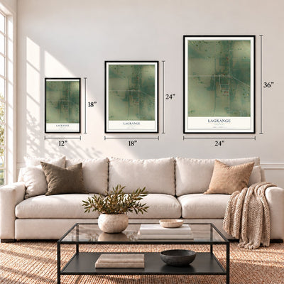LaGrange, Arkansas map in 12 x 18, 18 x 24 and 24 x 36 inch sizes above a sofa