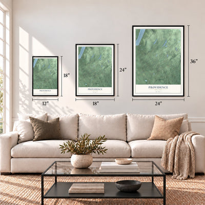 Providence, New York map in 12 x 18, 18 x 24 and 24 x 36 inch sizes above a sofa