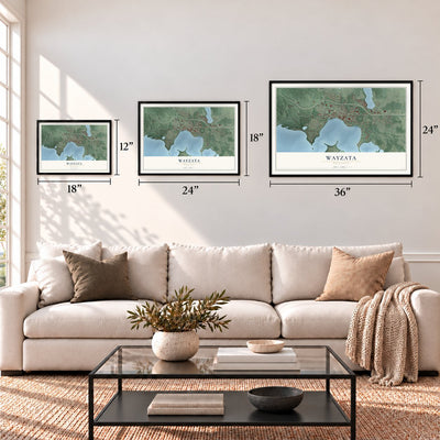 Wayzata, Minnesota map in 12 x 18, 18 x 24 and 24 x 36 inch sizes above a sofa