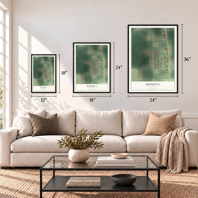 Renova, Mississippi map in 12 x 18, 18 x 24 and 24 x 36 inch sizes above a sofa