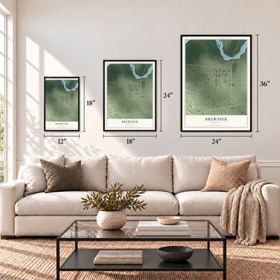 Brewster, Nebraska map in 12 x 18, 18 x 24 and 24 x 36 inch sizes above a sofa