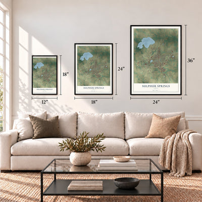 Sulphur Springs, Texas map in 12 x 18, 18 x 24 and 24 x 36 inch sizes above a sofa