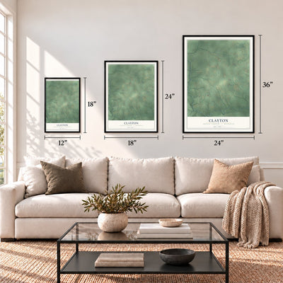 Clayton, Arenac County, Michigan map in 12 x 18, 18 x 24 and 24 x 36 inch sizes above a sofa