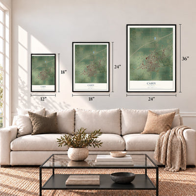 Casey, Illinois map in 12 x 18, 18 x 24 and 24 x 36 inch sizes above a sofa