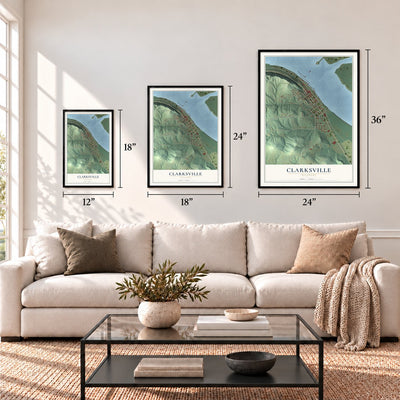 Clarksville, Missouri map in 12 x 18, 18 x 24 and 24 x 36 inch sizes above a sofa
