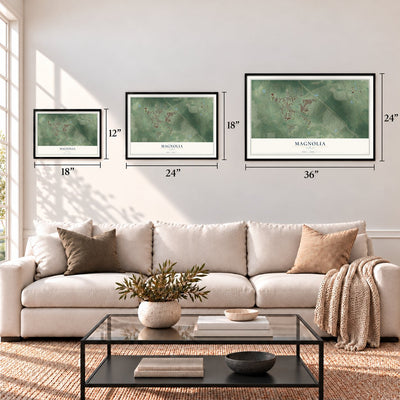 Magnolia, Texas map in 12 x 18, 18 x 24 and 24 x 36 inch sizes above a sofa