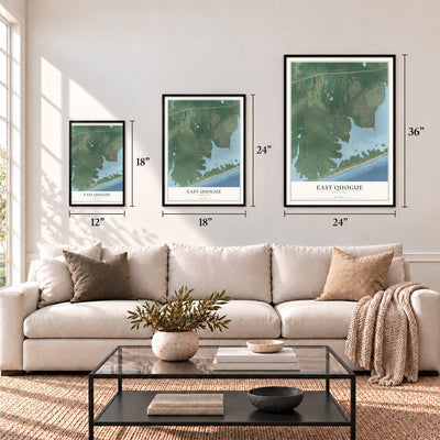 East Quogue, New York map in 12 x 18, 18 x 24 and 24 x 36 inch sizes above a sofa