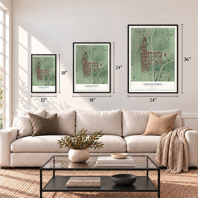 Greektown, Maryland map in 12 x 18, 18 x 24 and 24 x 36 inch sizes above a sofa