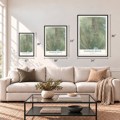 Elephant Butte, New Mexico map in 12 x 18, 18 x 24 and 24 x 36 inch sizes above a sofa