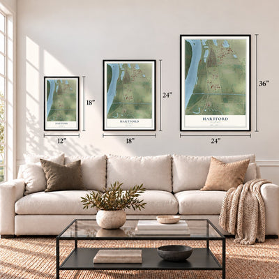 Hartford, Illinois map in 12 x 18, 18 x 24 and 24 x 36 inch sizes above a sofa