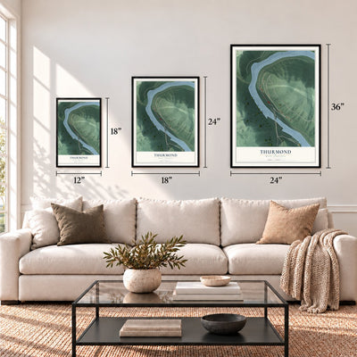 Thurmond, West Virginia map in 12 x 18, 18 x 24 and 24 x 36 inch sizes above a sofa