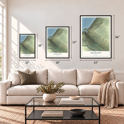 Arlington, Oregon map in 12 x 18, 18 x 24 and 24 x 36 inch sizes above a sofa