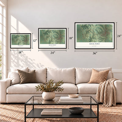Rock Port, Missouri map in 12 x 18, 18 x 24 and 24 x 36 inch sizes above a sofa