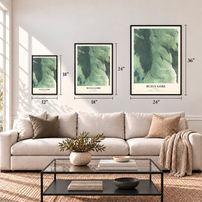Buels Gore, Vermont map in 12 x 18, 18 x 24 and 24 x 36 inch sizes above a sofa