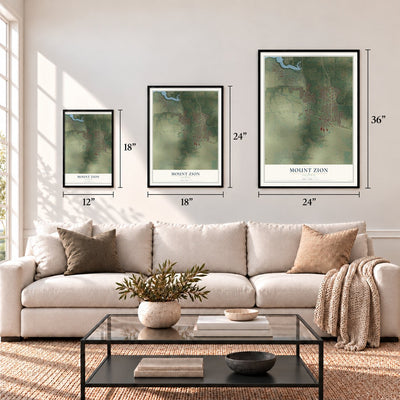 Mount Zion, Illinois map in 12 x 18, 18 x 24 and 24 x 36 inch sizes above a sofa