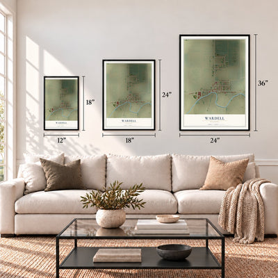 Wardell, Missouri map in 12 x 18, 18 x 24 and 24 x 36 inch sizes above a sofa