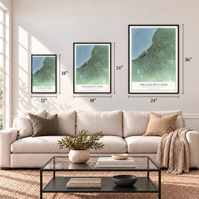 L'Anse, Michigan map in 12 x 18, 18 x 24 and 24 x 36 inch sizes above a sofa