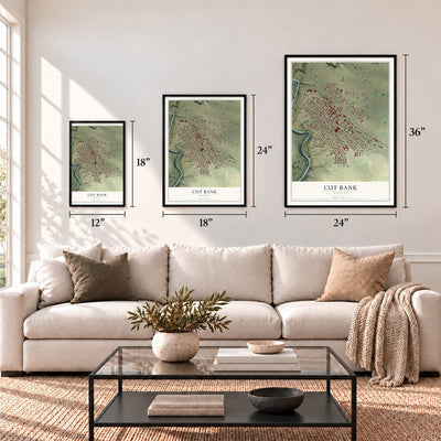 Cut Bank, Montana map in 12 x 18, 18 x 24 and 24 x 36 inch sizes above a sofa