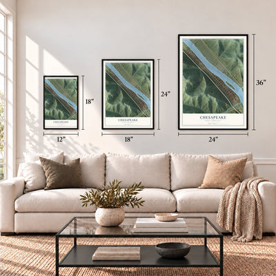 Chesapeake, West Virginia map in 12 x 18, 18 x 24 and 24 x 36 inch sizes above a sofa
