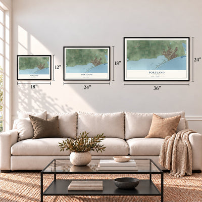 Portland, Texas map in 12 x 18, 18 x 24 and 24 x 36 inch sizes above a sofa