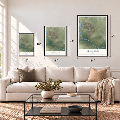 Eidson Road, Texas map in 12 x 18, 18 x 24 and 24 x 36 inch sizes above a sofa