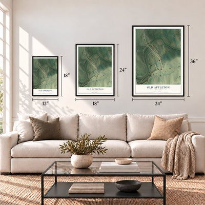 Old Appleton, Missouri map in 12 x 18, 18 x 24 and 24 x 36 inch sizes above a sofa