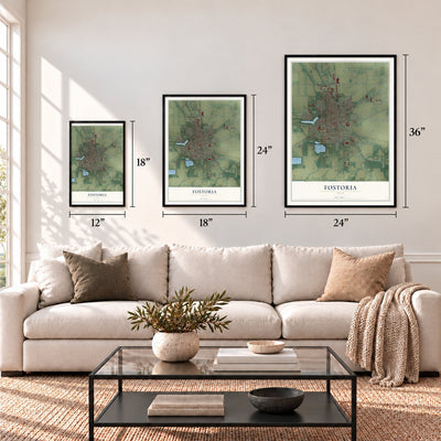 Fostoria, Ohio map in 12 x 18, 18 x 24 and 24 x 36 inch sizes above a sofa