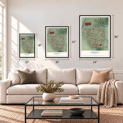 Phoenix, Illinois map in 12 x 18, 18 x 24 and 24 x 36 inch sizes above a sofa