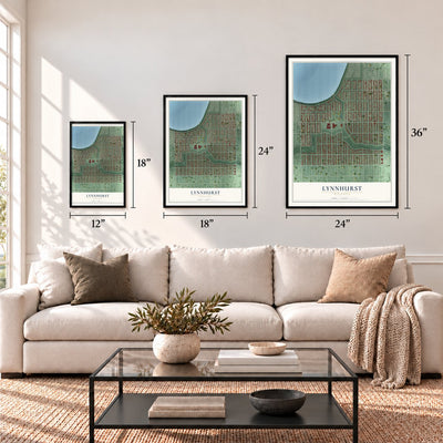Lynnhurst, Minnesota map in 12 x 18, 18 x 24 and 24 x 36 inch sizes above a sofa