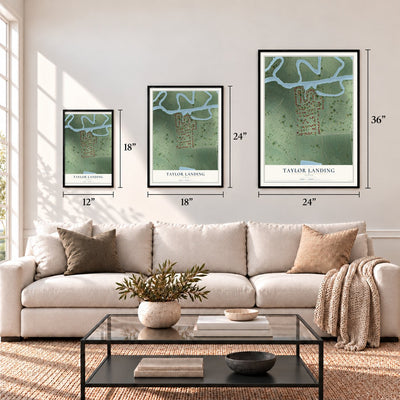 Taylor Landing, Texas map in 12 x 18, 18 x 24 and 24 x 36 inch sizes above a sofa