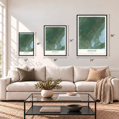 Awendaw, South Carolina map in 12 x 18, 18 x 24 and 24 x 36 inch sizes above a sofa