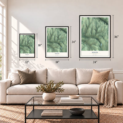 Solon, New York map in 12 x 18, 18 x 24 and 24 x 36 inch sizes above a sofa