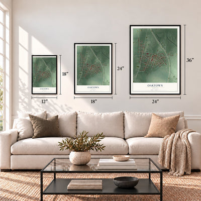 Oaktown, Indiana map in 12 x 18, 18 x 24 and 24 x 36 inch sizes above a sofa