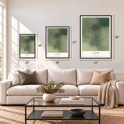Calvin, North Dakota map in 12 x 18, 18 x 24 and 24 x 36 inch sizes above a sofa