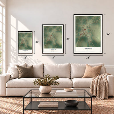 Karlstad, Minnesota map in 12 x 18, 18 x 24 and 24 x 36 inch sizes above a sofa