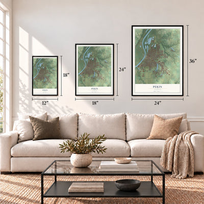 Pekin, Illinois map in 12 x 18, 18 x 24 and 24 x 36 inch sizes above a sofa