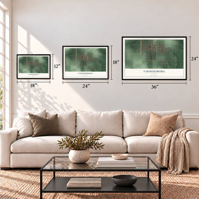 Farmersburg, Indiana map in 12 x 18, 18 x 24 and 24 x 36 inch sizes above a sofa